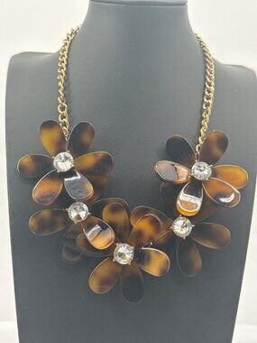 Vintage Totoiseshell Acrylic Flower Crystal Statement Necklace Gold